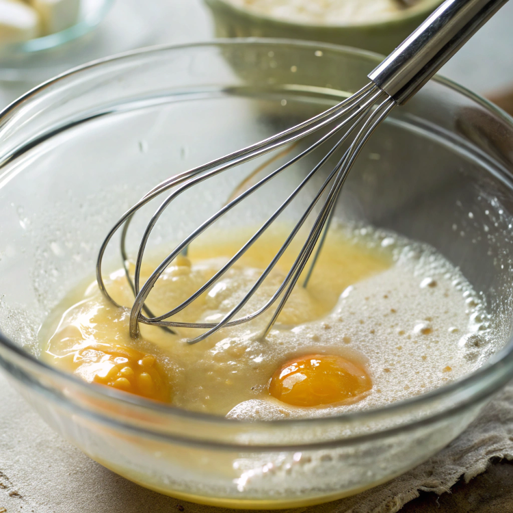 Ultra-close-up view of a whisk blending milk, oil, and egg in a clear mixing bowl, with soft reflections from natural lighting.