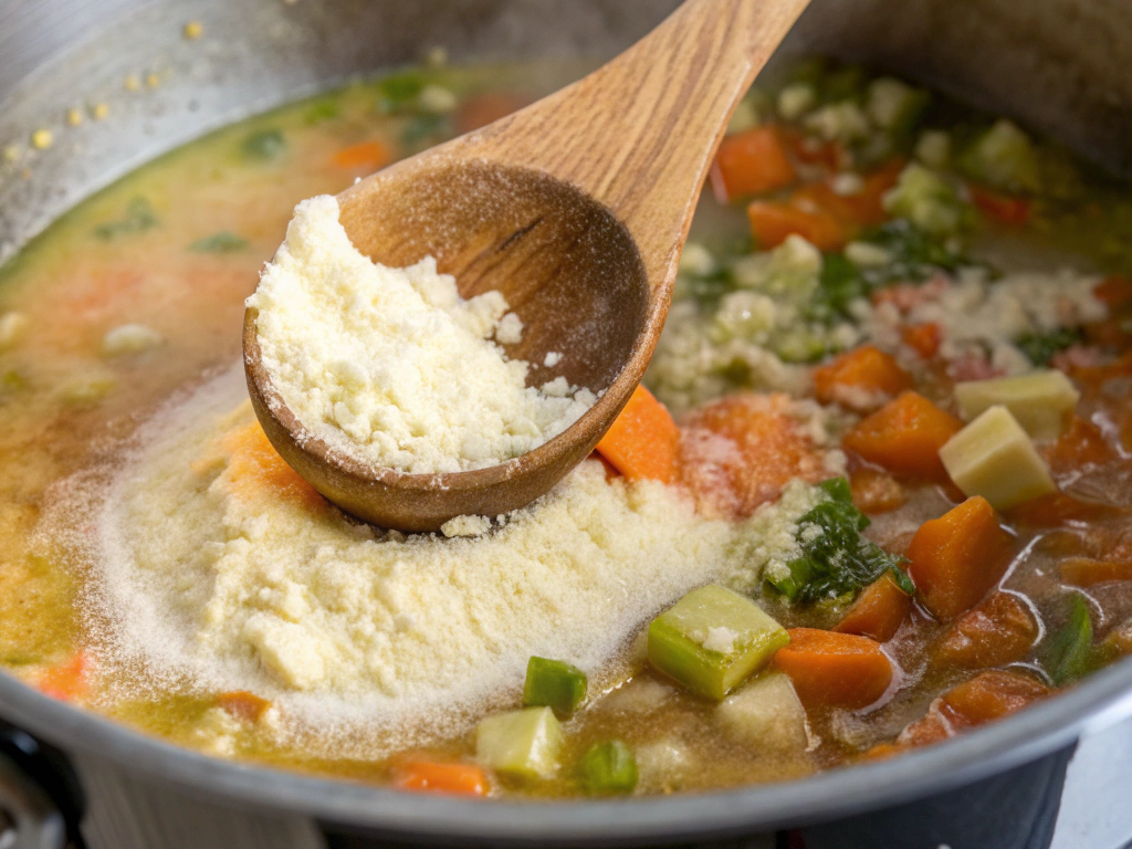 Ultra-close-up view of a wooden spoon stirring melted butter and flour into the sautéed vegetables inside a deep soup pot. The mixture is beginning to thicken, with the smooth liquid swirled around to create a rich base.