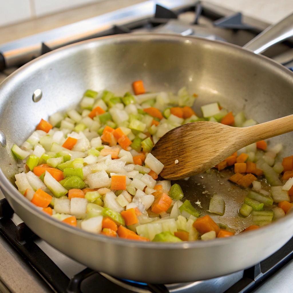 Ultra-close-up view of a stainless steel pot on a white marble countertop, showing diced onions, carrots, and celery being sautéed in olive oil. The vegetables are glistening as they soften, with a wooden spoon gently stirring them. Soft natural lighting highlights the golden hues of caramelization.