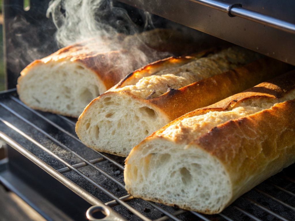 Ultra-close-up view of baguette halves toasting in an oven, with golden crust cracks and a soft, steamy interior. The image focuses on texture contrast, lit by natural sunlight.