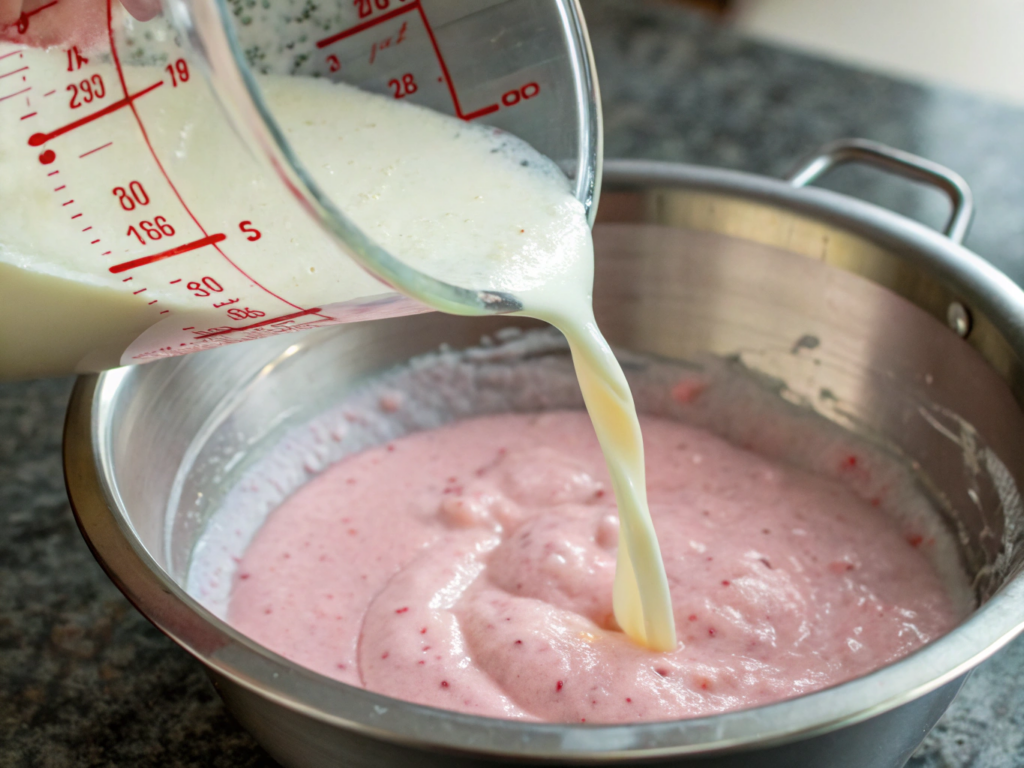 Ultra-close-up view of buttermilk being poured into the batter, cascading over the pink-speckled mixture. A measuring cup tilts above the bowl, with splashes frozen in motion under bright lighting.