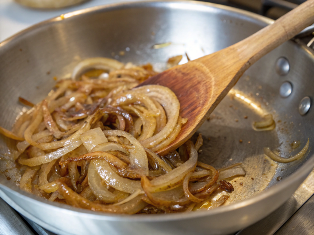 Ultra-close-up view of caramelized onions sizzling in a stainless steel pan, glistening with olive oil. A wooden spoon stirs the onions, showcasing their golden-brown texture against the pan’s metallic surface. Soft natural lighting highlights the onions’ sticky edges.