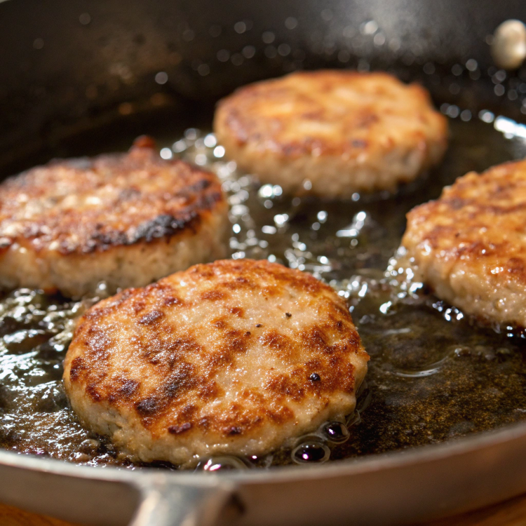 Ultra-close-up view of chicken sausage patties sizzling in a skillet. The edges are turning golden brown, and tiny bubbles of juice appear on the surface, showing that they are cooking evenly.