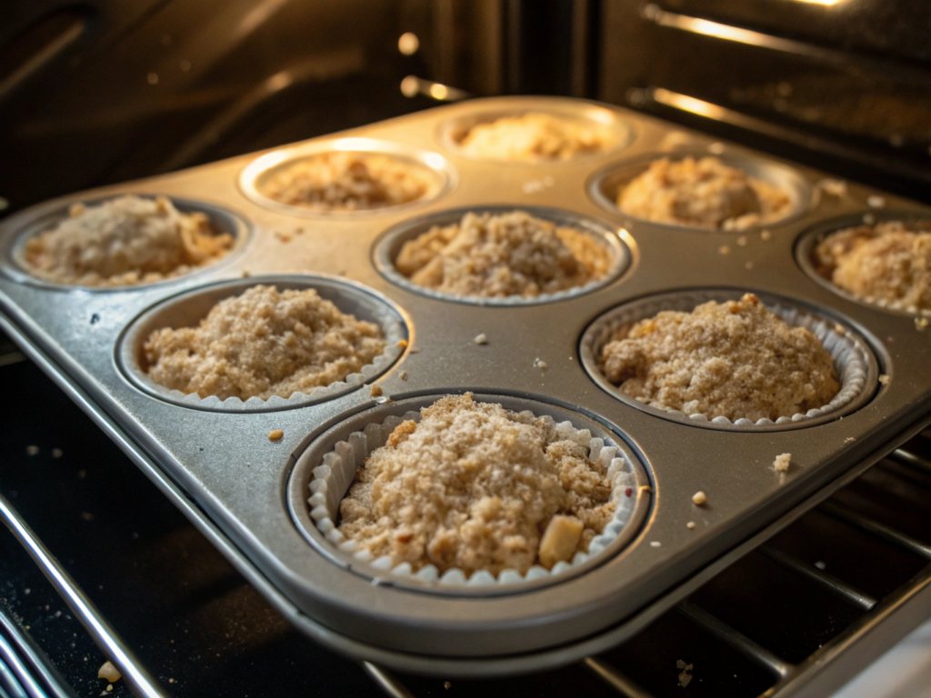 ultra-close-up view of filled muffin tin topped with crumb mixture, just before baking. Muffin cups are evenly filled, and the crumb topping is loosely scattered. A bright oven glow reflects off the muffin tops, hinting at the baking process.