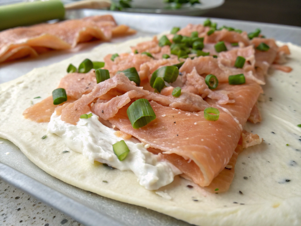 Ultra-close-up view of flaked salmon being gently folded into the creamy base. The salmon’s pink hue contrasts beautifully with the white spread, and flecks of green onions add a fresh pop of color.