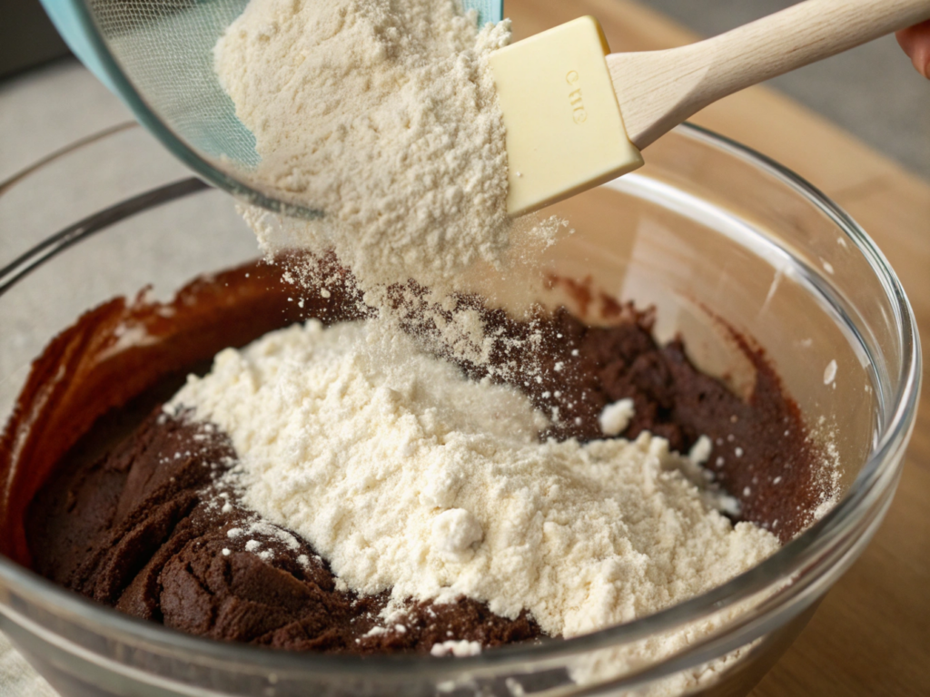 ultra-close-up view of flour being sifted over the chocolate mixture, with a rubber spatula folding the batter in a clear bowl. The scene is evenly lit, focusing on the velvety consistency forming in the batter.