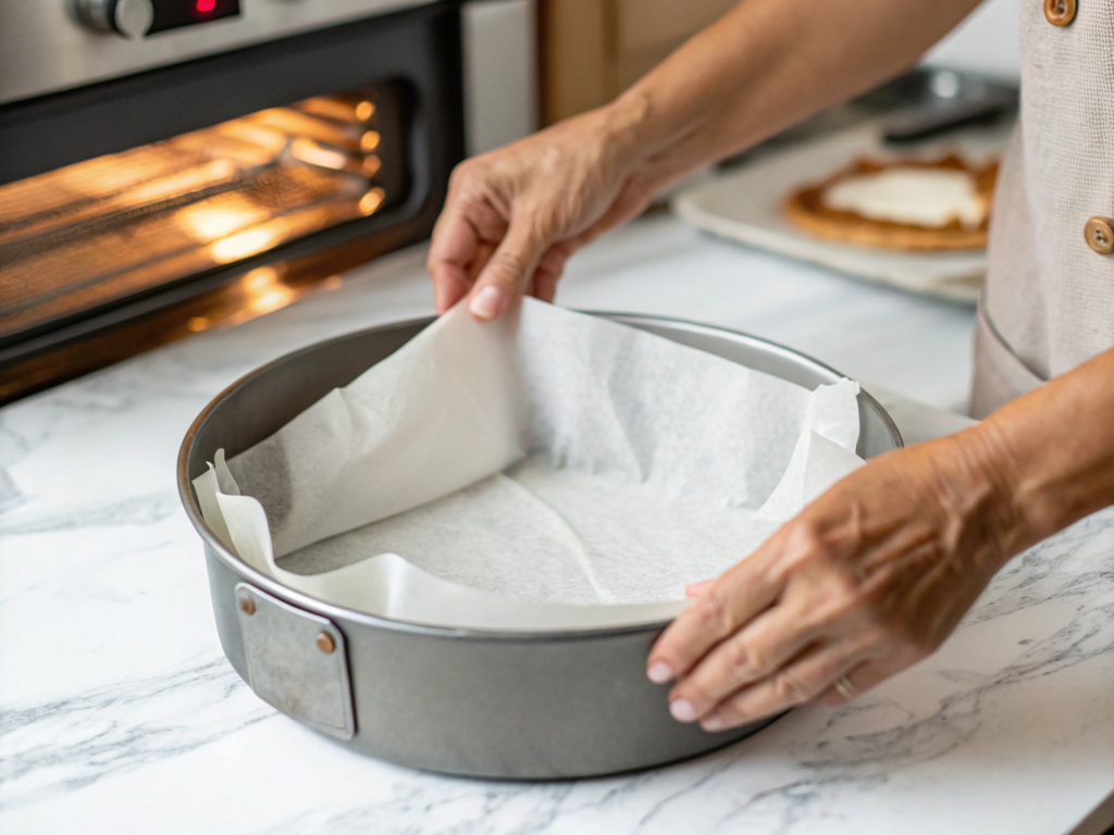 Ultra-close-up view of hands lining a cake pan with parchment paper on a white marble countertop. The focus is on the textured spray coating and the crisp folds of the parchment, with a blurred oven glowing in the background.