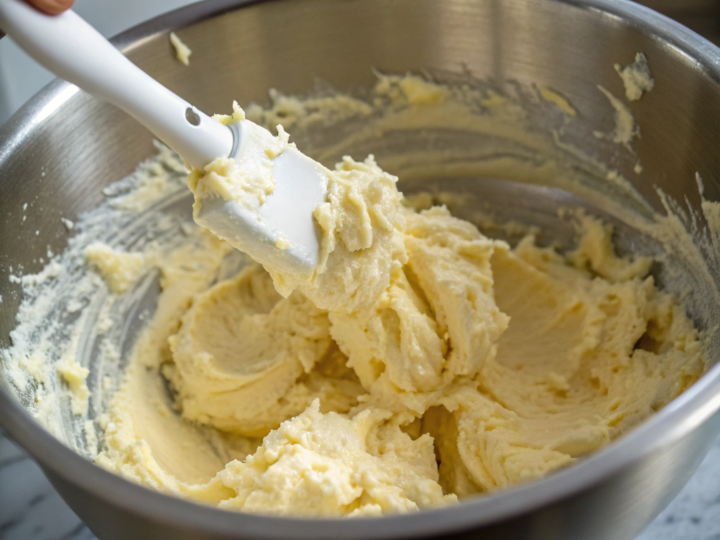 Ultra-close-up view of pale yellow creamed butter and sugar in a stainless steel mixing bowl. The mixture appears fluffy, with soft peaks visible under natural lighting. A silicone spatula drips with the mixture in the foreground.