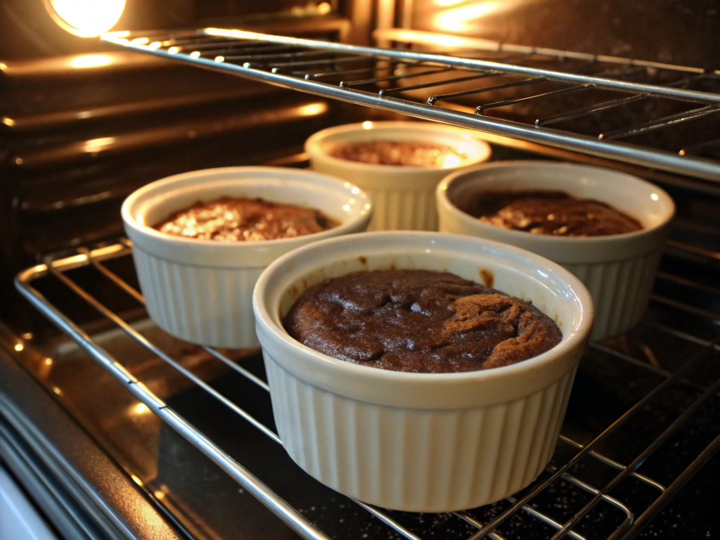 ultra-close-up view of ramekins filled with batter inside an oven, with the tops just beginning to rise. The ambient warmth of the oven glows softly over the golden crusts forming at the edges.