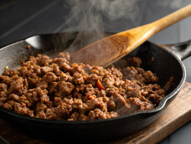 Ultra-close-up view of sizzling ground beef in a cast-iron skillet, steam rising from caramelized edges. The beef appears juicy and well-browned, with flecks of taco seasoning visible. Shot against a dark slate background with a wooden spatula tilted against the pan.
