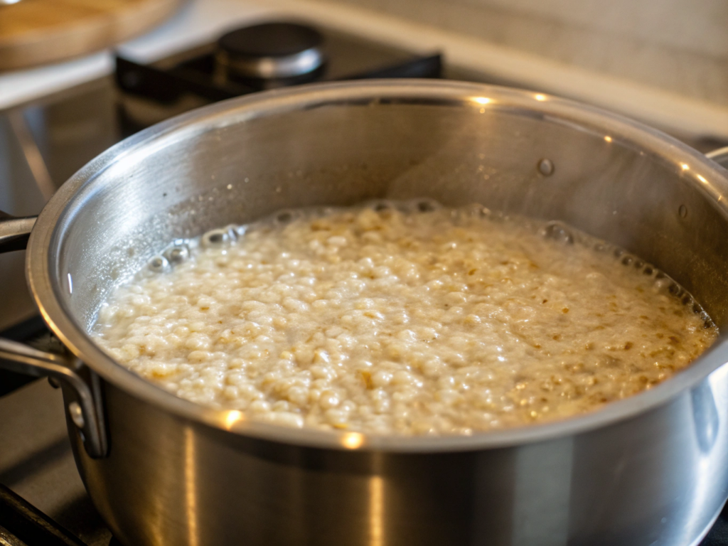 ultra-close-up view of steel-cut oats simmering in a stainless steel saucepan on a stovetop. The oats are absorbing water, starting to thicken, with gentle bubbles forming on the surface. The background is softly blurred, keeping the focus on the texture of the cooking oats.