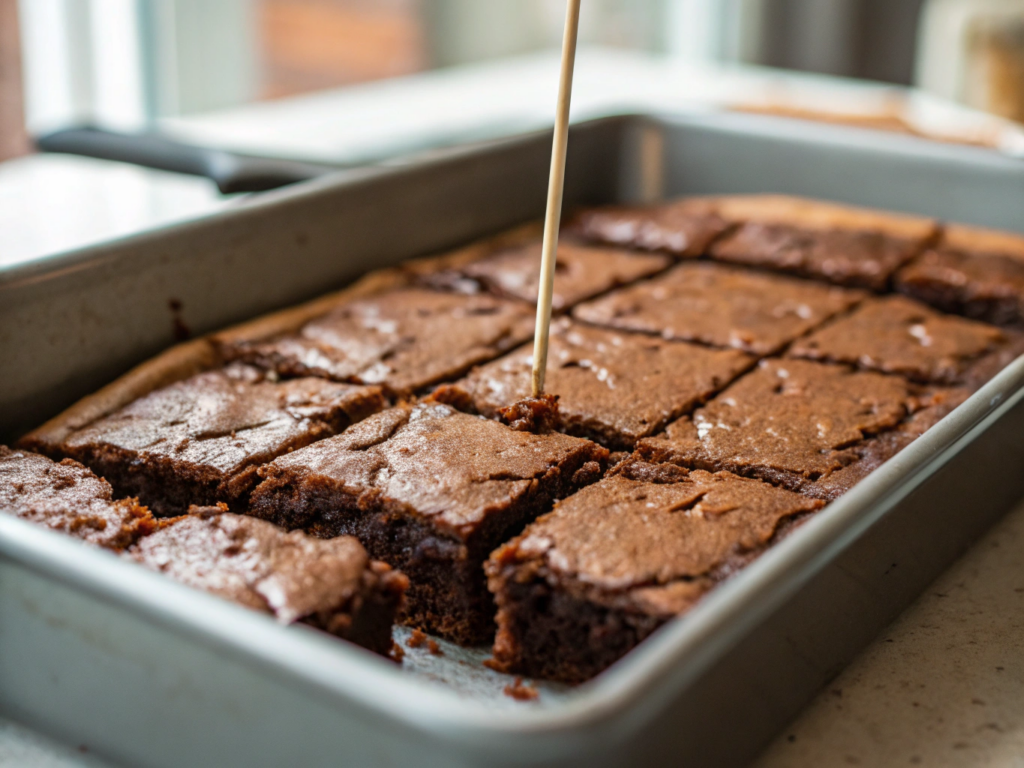 ultra-close-up view of the baked brownies in the pan, with a toothpick inserted into the center showing a few moist crumbs. The brownies have a glossy, crackled surface, and the background is softly blurred to focus on the freshly baked dessert.
