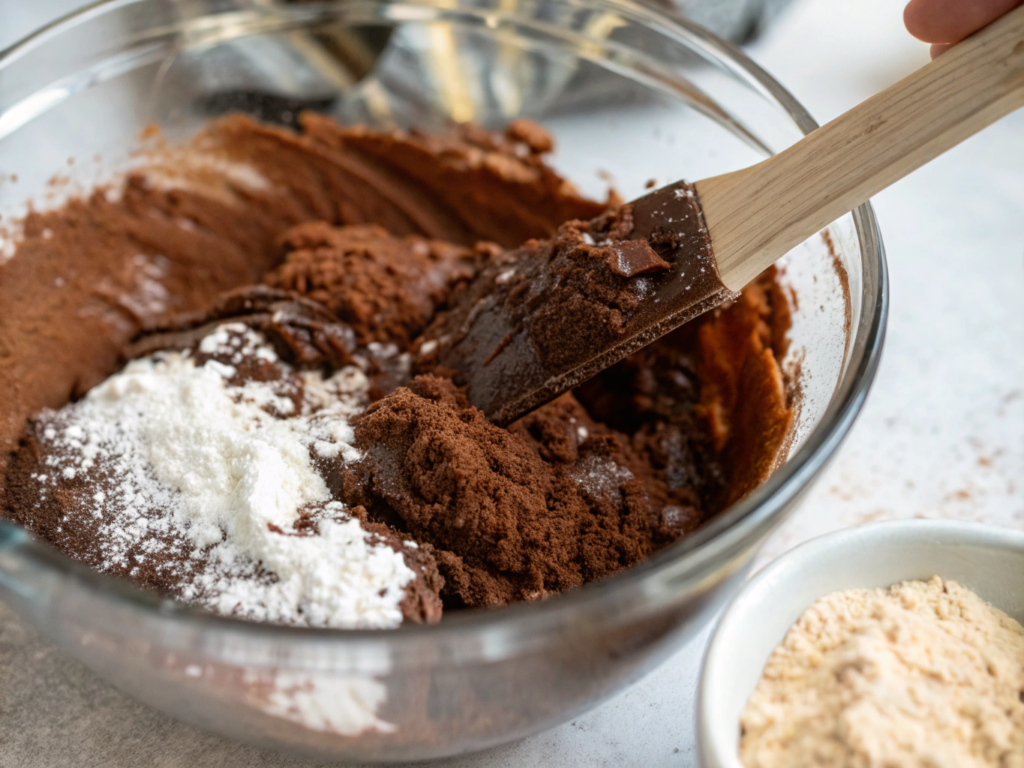 ultra-close-up view of the brownie batter in a mixing bowl, with flour, cocoa powder, instant coffee, and salt being folded in using a spatula. The mixture appears thick and velvety, with the background softly blurred to highlight the batter's texture.