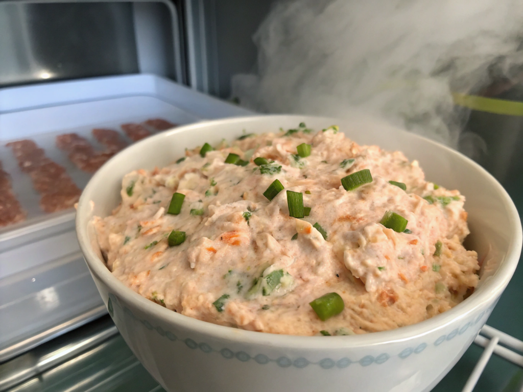 Ultra-close-up view of the salmon spread in a covered bowl, placed inside a refrigerator. The creamy mixture is perfectly smooth, with small visible chunks of salmon and green onions.