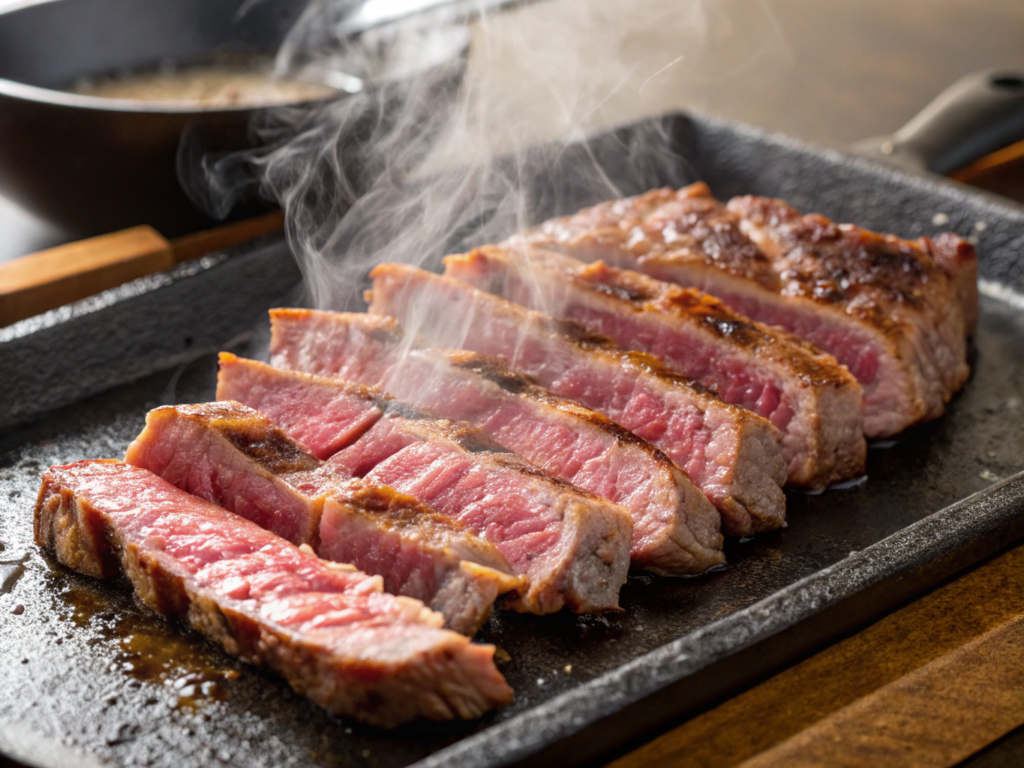 Ultra-close-up view of thinly sliced beef sizzling on a cast-iron griddle, with visible sear marks and crispy edges. Steam rises from the meat, emphasizing its juiciness under bright overhead lighting.