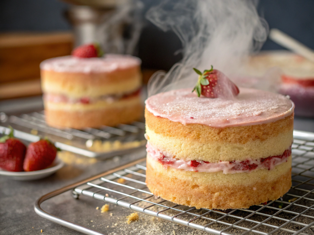 Ultra-close-up view of two perfectly risen strawberry cake layers resting on a wire rack. Steam rises gently from the golden-pink surfaces, with crumbs clinging to a toothpick in the foreground.